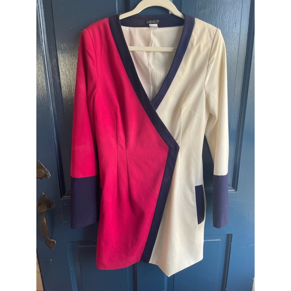 VENUS Dresses & Skirts - VENUS Blazer Dress Wrap Style Colorblock Bold Pink‎ Cream Navy Size 10 EUC